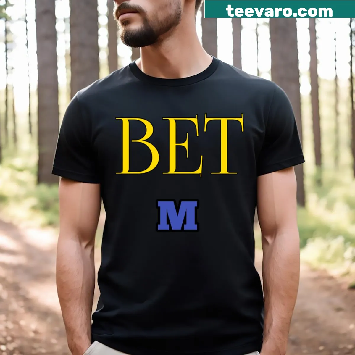 Text graphic representing Michigan on a T-shirt — on a men's t-shirt