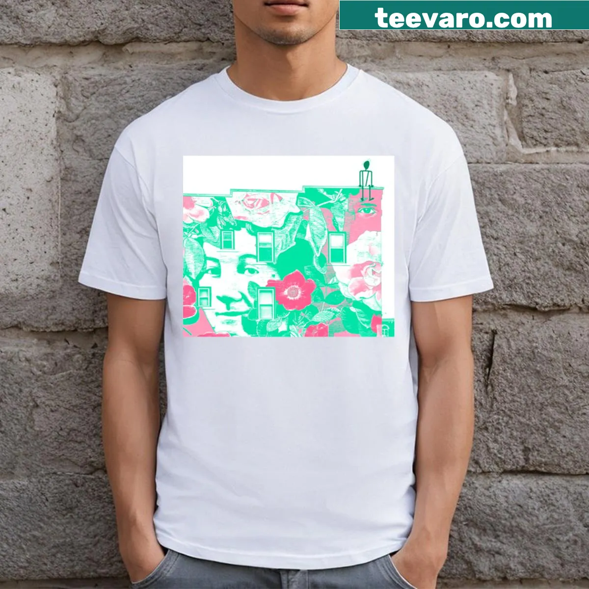 Mural art design on a long t-shirt, showcasing creativity — on a men's t-shirt