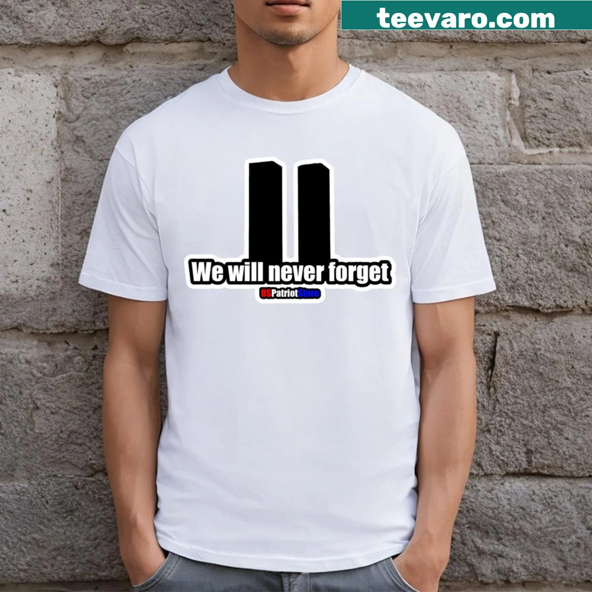 Black T-shirt with bold typography stating 'Never Forget' — on a men's t-shirt