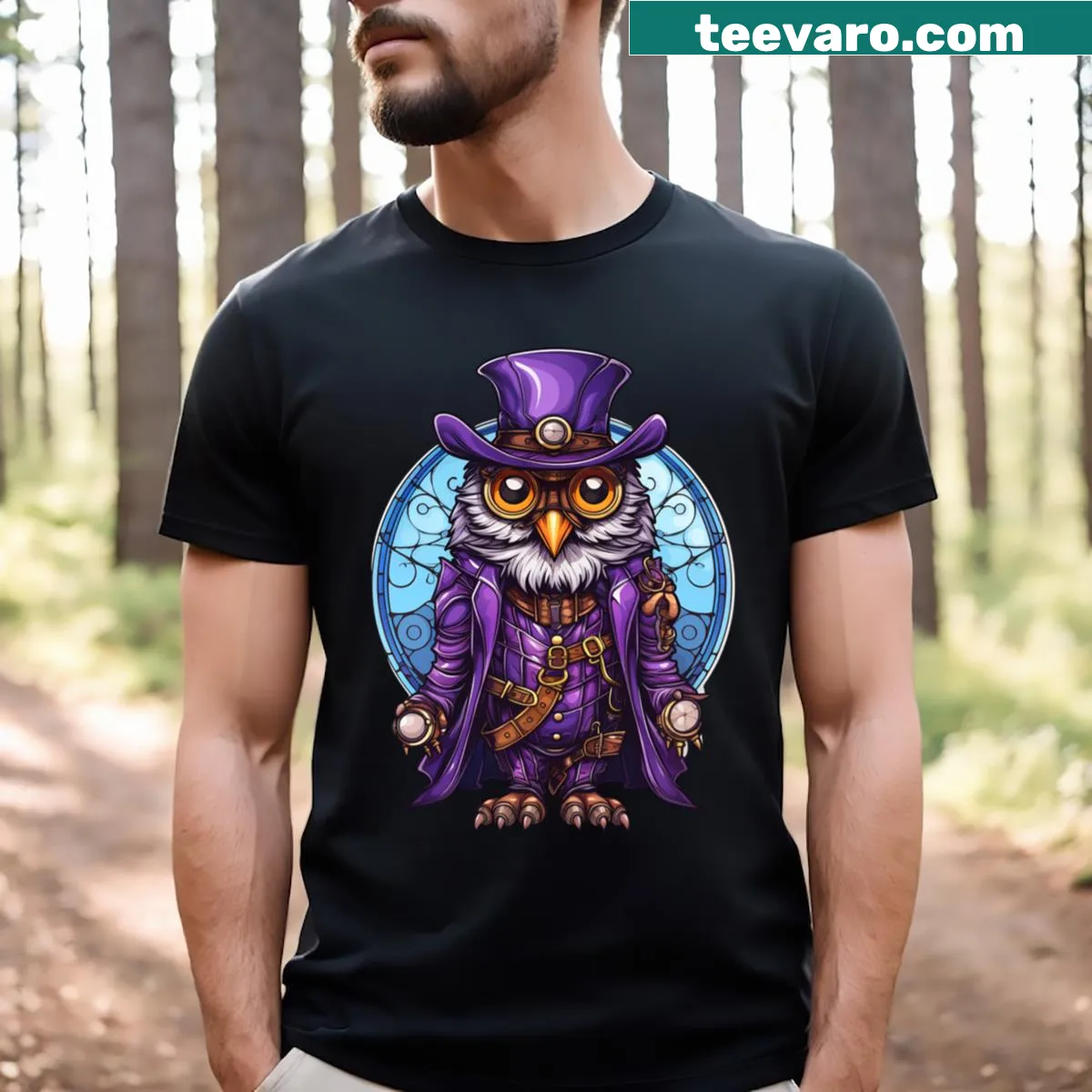 Steampunk owl design in stained glass style on a T-shirt — on a men's t-shirt