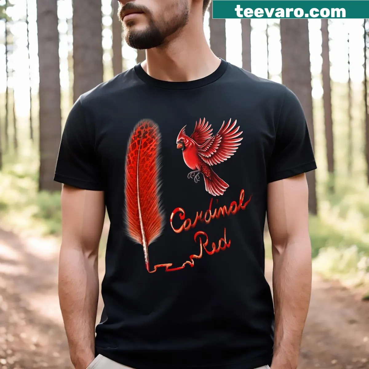 T-shirt with a realistic depiction of a red cardinal bird — on a men's t-shirt