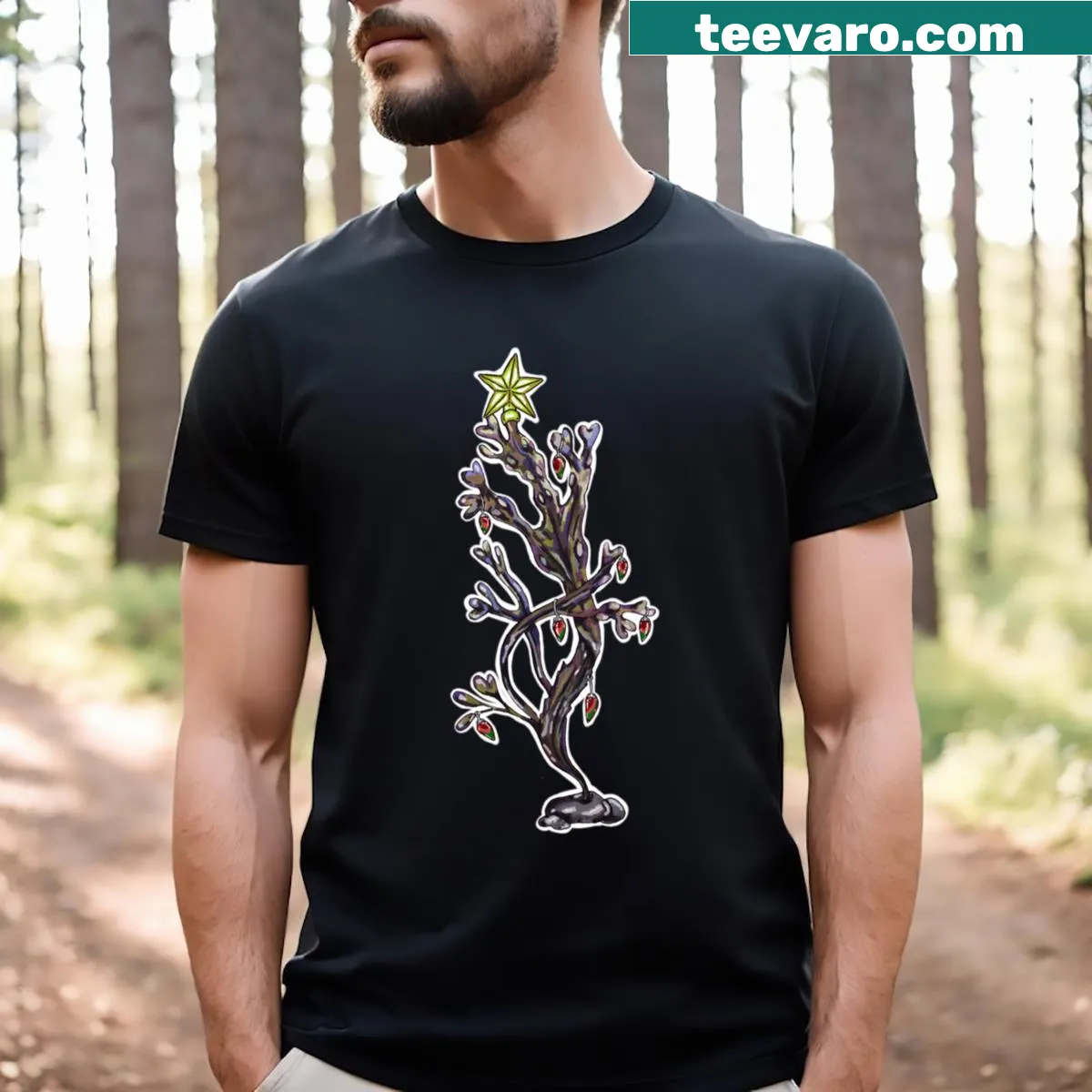 Whimsical Christmas t-shirt featuring rockweed around a tree — on a men's t-shirt