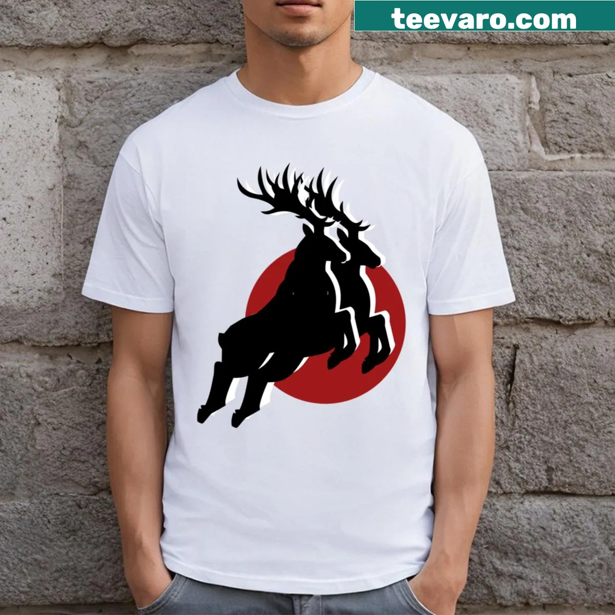 Jumping Rudolph reindeer graphic for Christmas T-shirt — on a men's t-shirt