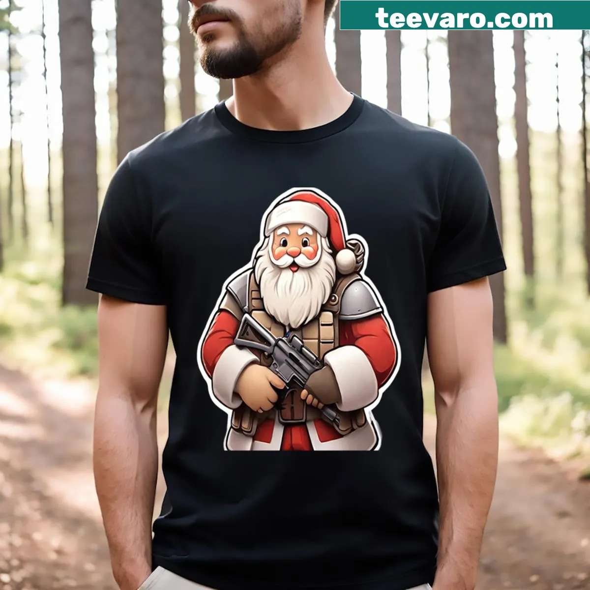 Santa in combat armor T-shirt with bold graphic design — on a men's t-shirt