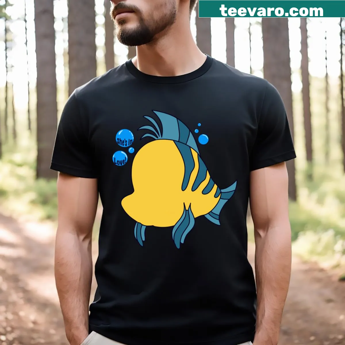 T-shirt with 'She’s in Love' typography design — on a men's t-shirt