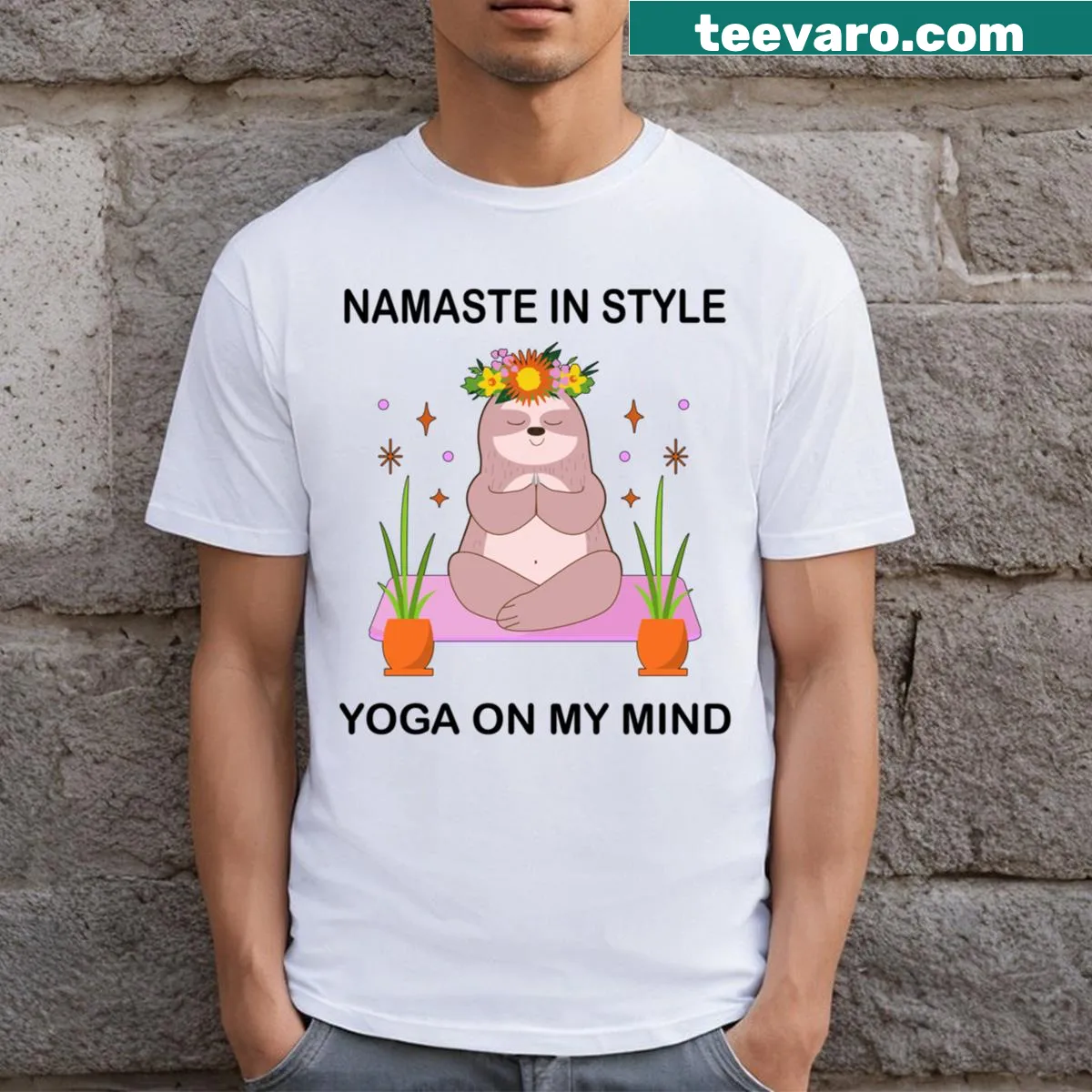 Cute sloth yoga meditation T-shirt with playful design — on a men's t-shirt
