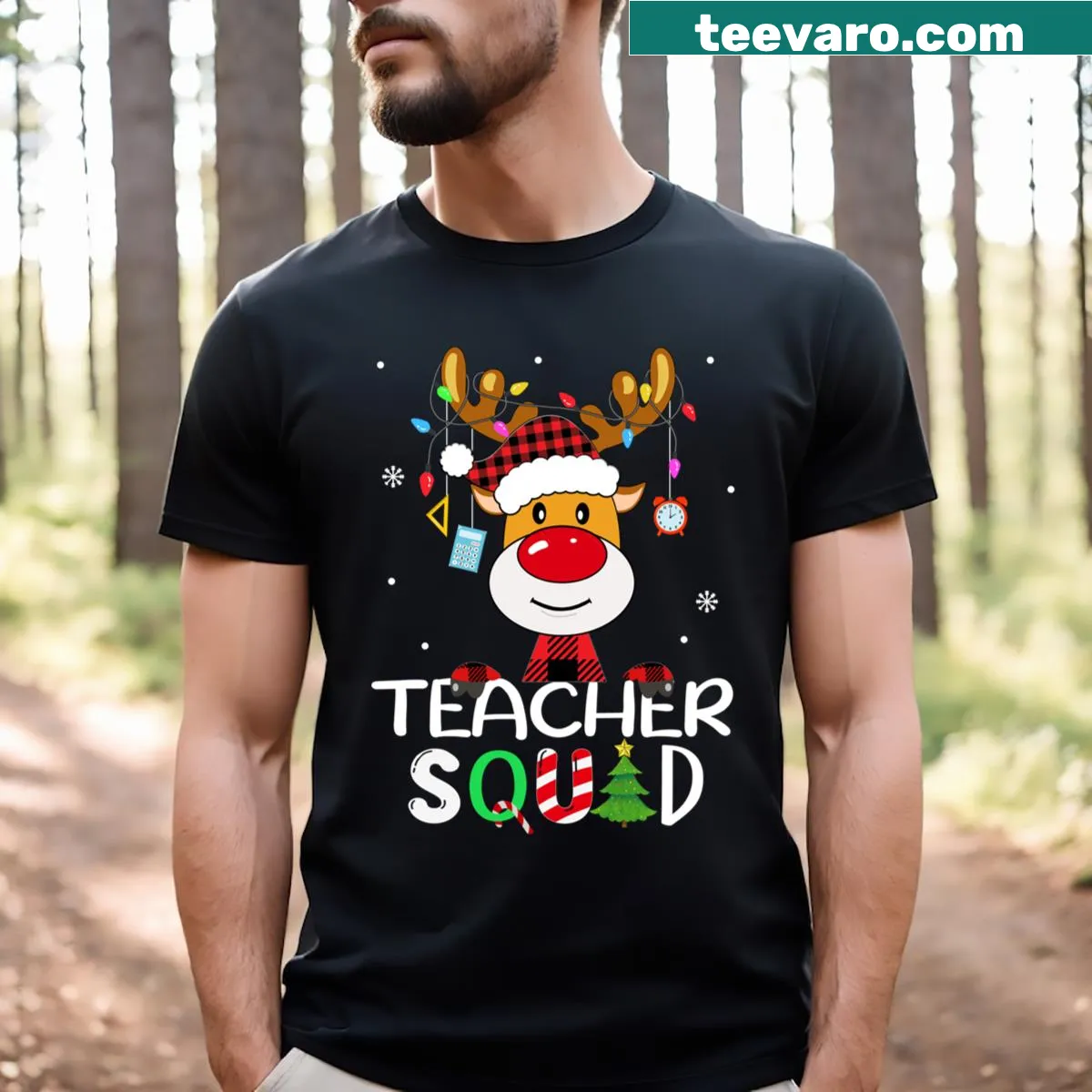 Festive t-shirt with a reindeer graphic for teachers. — on a men's t-shirt