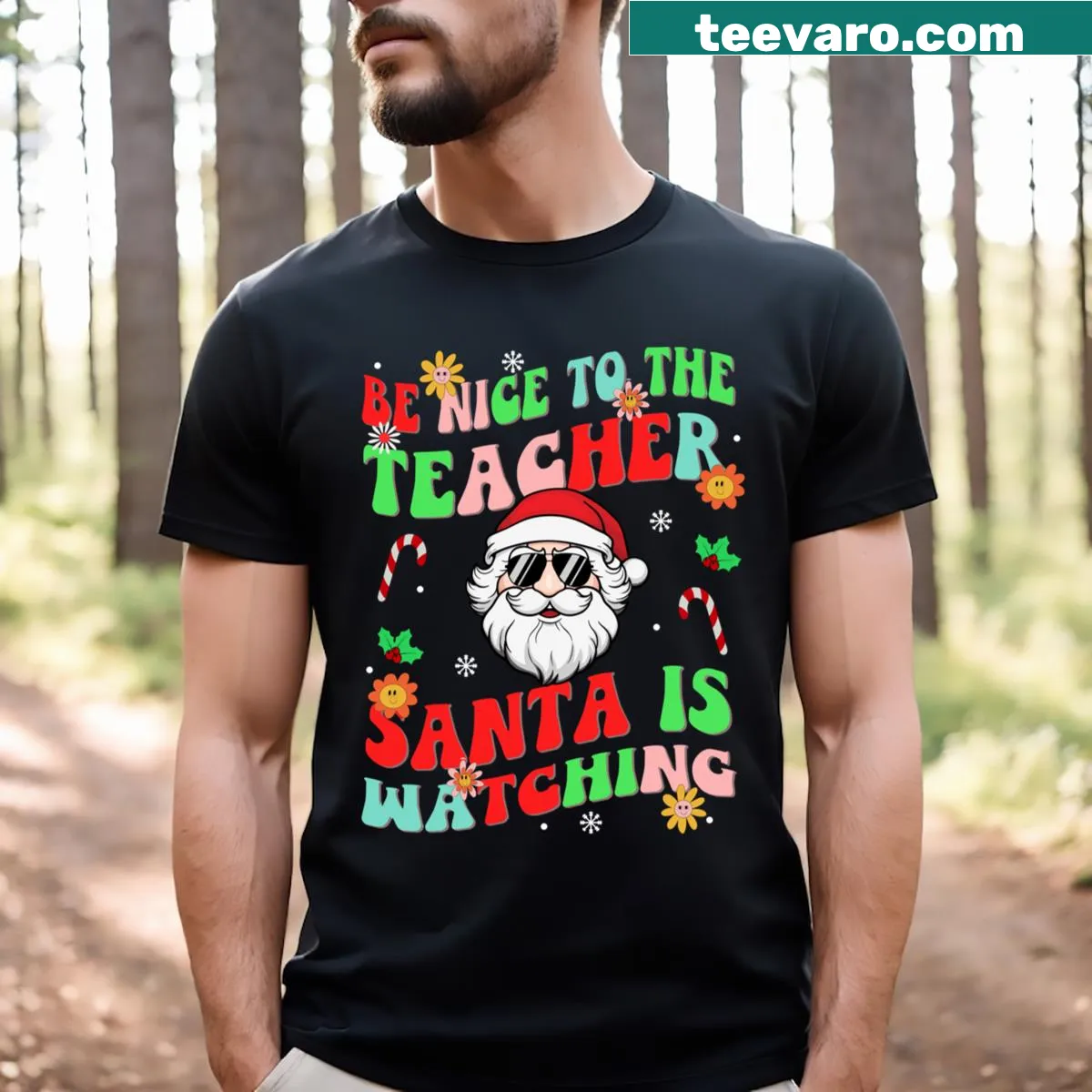 Teacher Christmas Santa graphic t-shirt with a humorous message — on a men's t-shirt