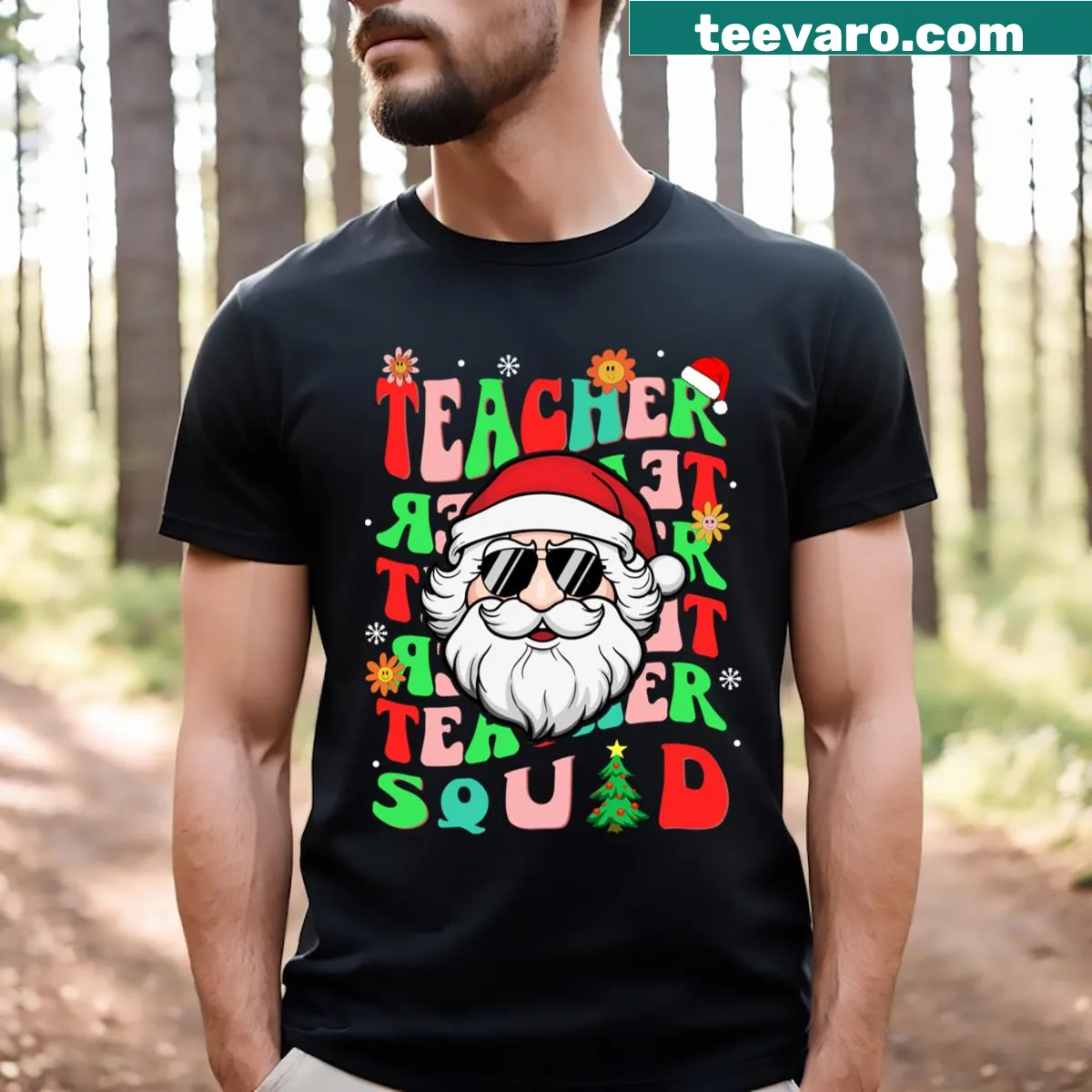 Groovy Christmas T-shirt for teachers featuring Santa design — on a men's t-shirt