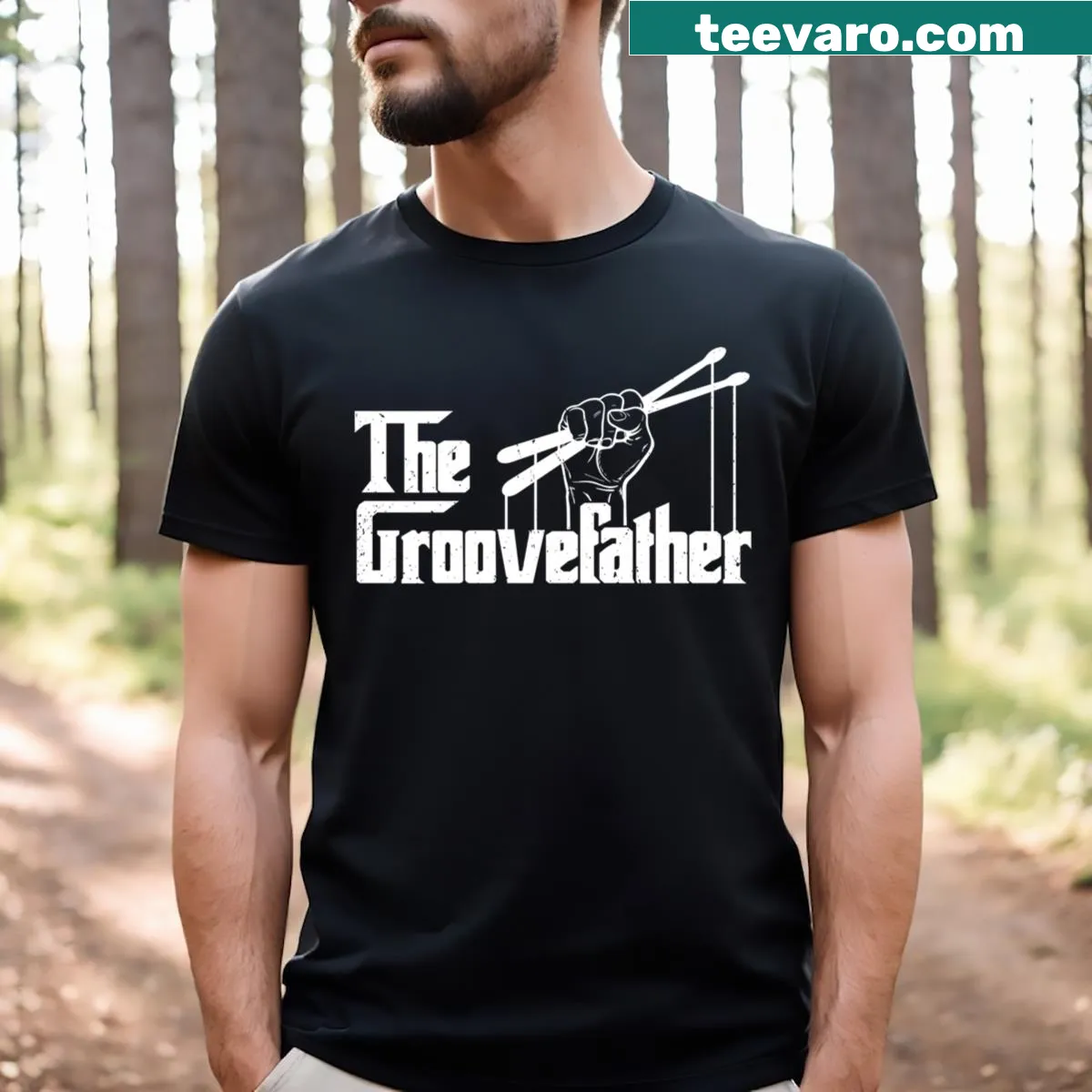 Vintage drumming t-shirt featuring 'The Groovefather' and drum graphic — on a men's t-shirt