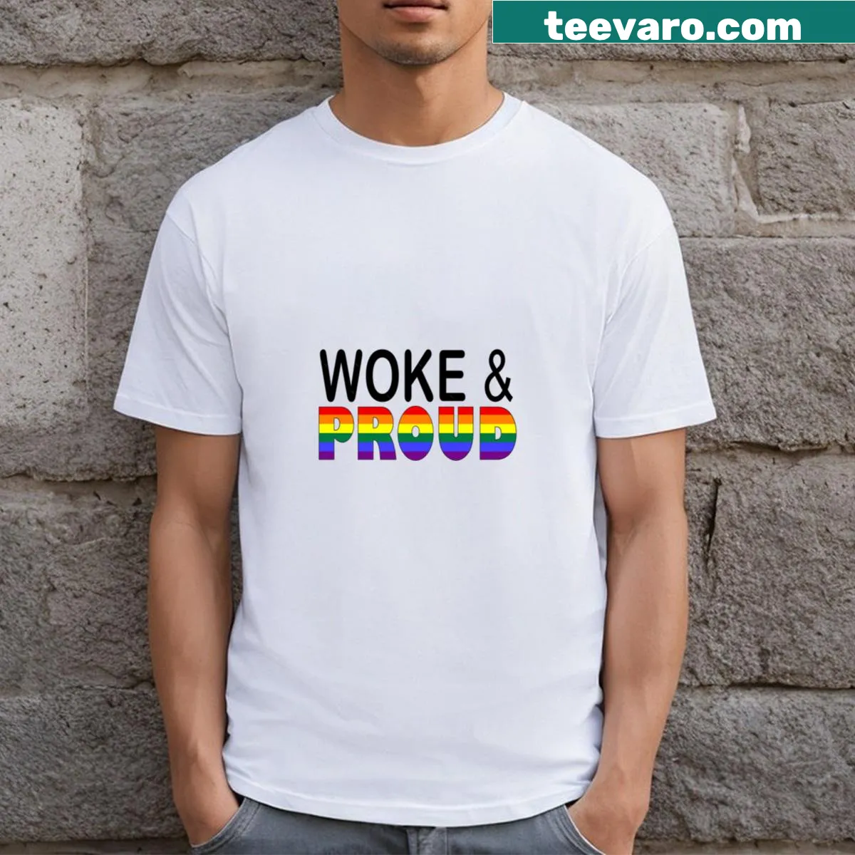 Woke And Proud rainbow design T-shirt — on a men's t-shirt