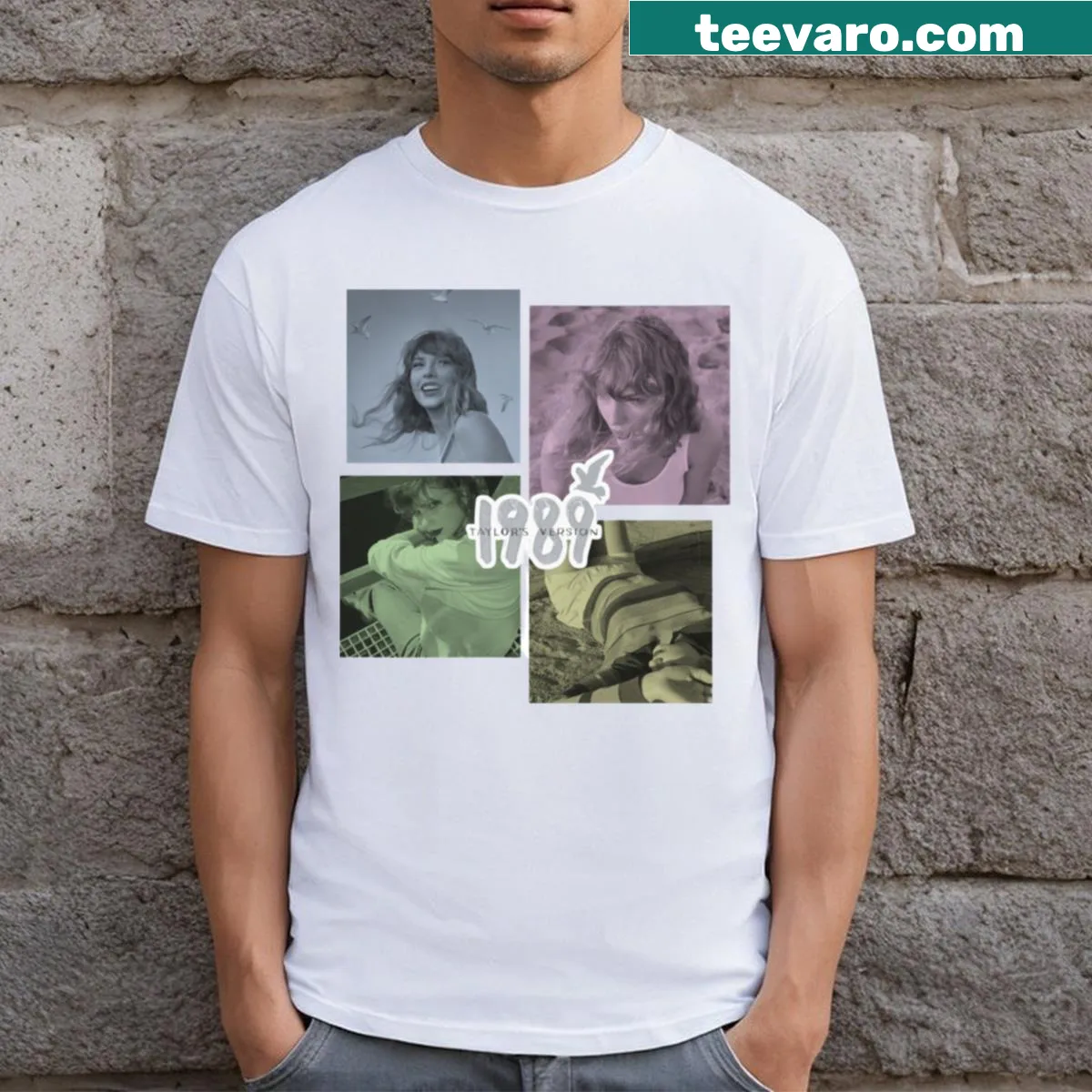 T-shirt featuring the cover of Taylor Swift's '1989' album — on a men's t-shirt