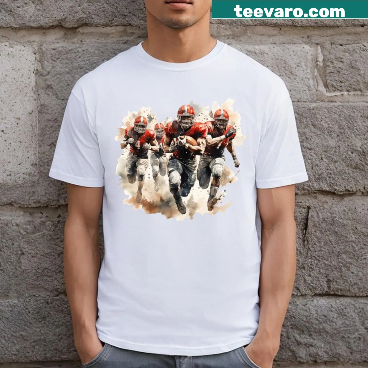 Humorous football graphic T-shirt featuring a team on the run — on a men's t-shirt