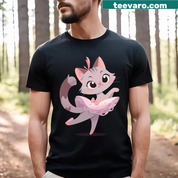 Cute cartoon cat T-shirt featuring a cat in a ballet pose