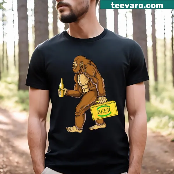 Cute Bigfoot enjoying a beer on a playful t-shirt