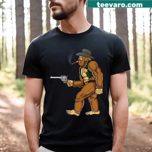 Cute cartoon Bigfoot sheriff character on a T-shirt for kids