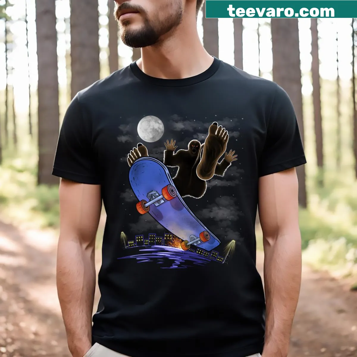 Cute t-shirt featuring Bigfoot on a skateboard — on a men's t-shirt