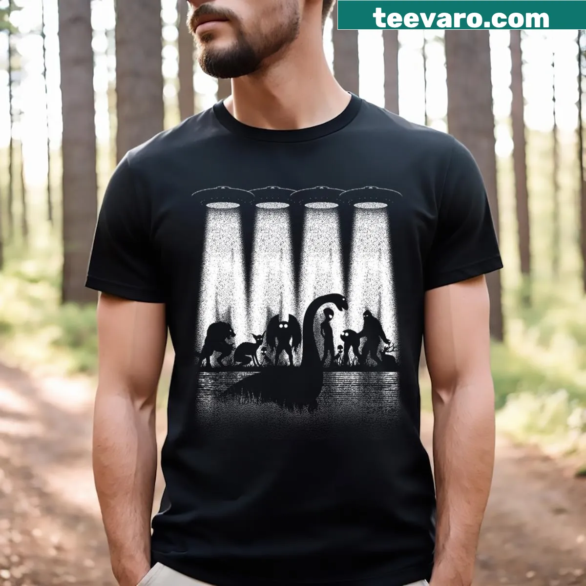 Illustration of Bigfoot, Loch Ness Monster, Mothman, and aliens on a t-shirt — on a men's t-shirt