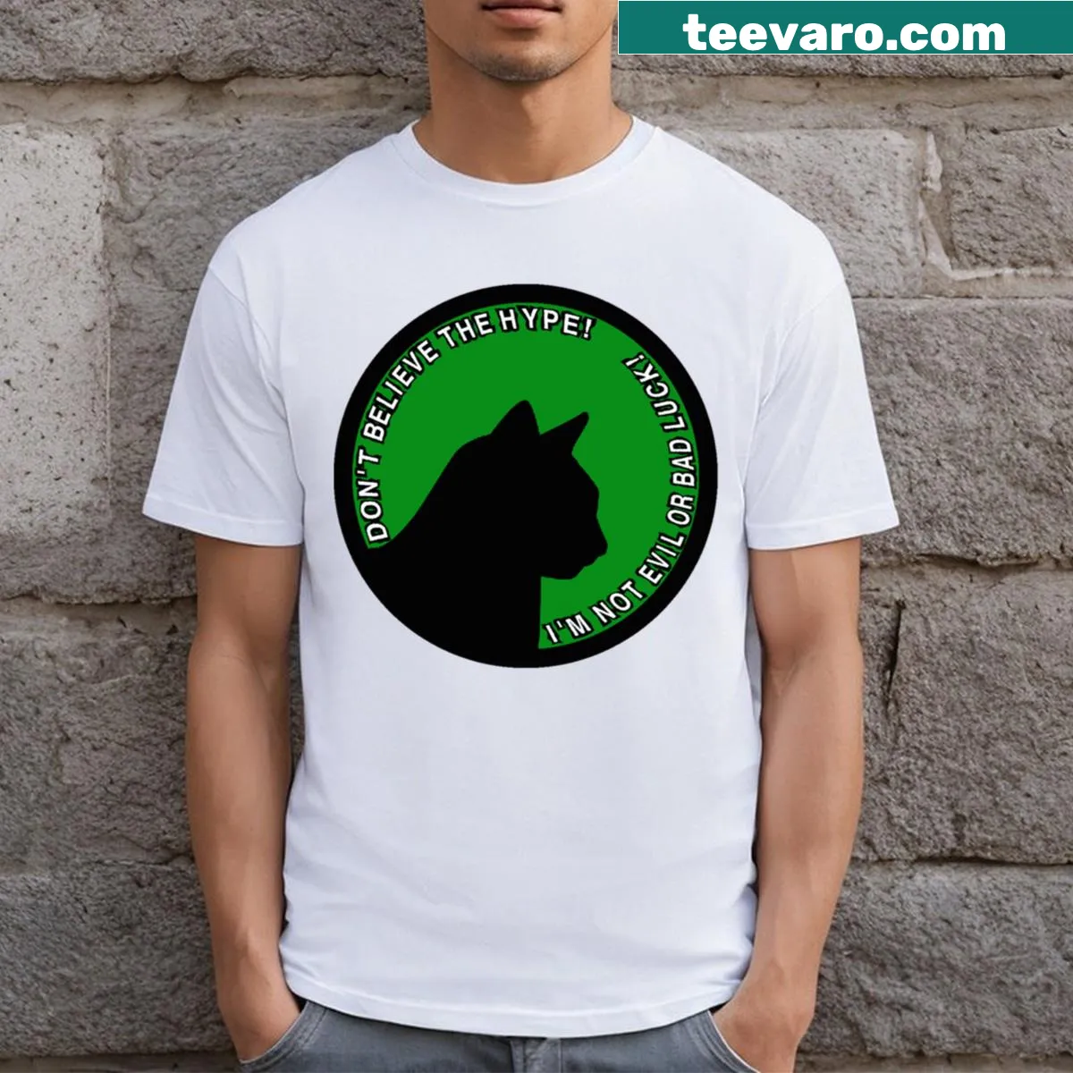 Playful typography T-shirt with the phrase 'Black Cat FALSE Hype' — on a men's t-shirt