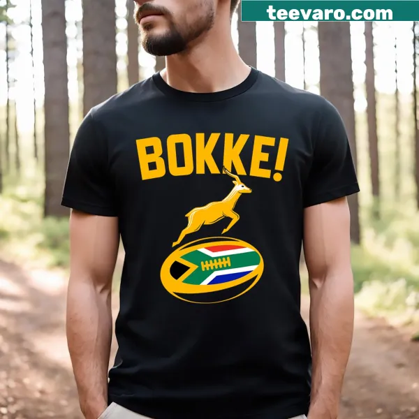 Springbok emblem and South African flag on a rugby T-shirt