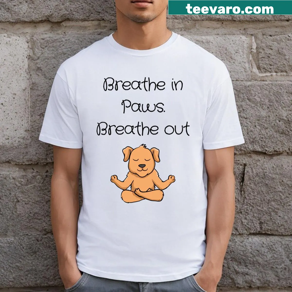 Cute T-shirt for dog lovers featuring paws and a meditative message — on a men's t-shirt