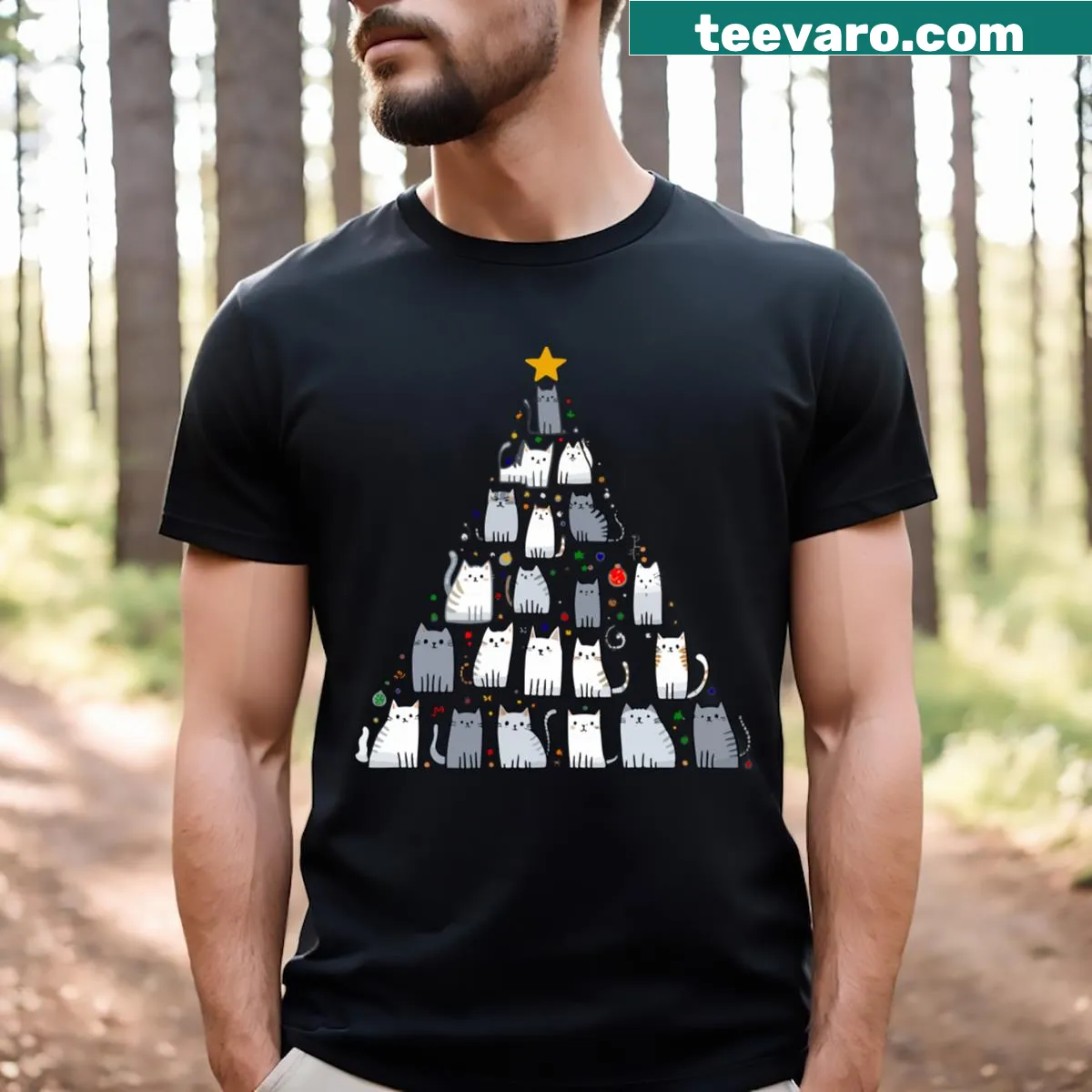 Cat-themed Christmas tree graphic T-shirt — on a men's t-shirt
