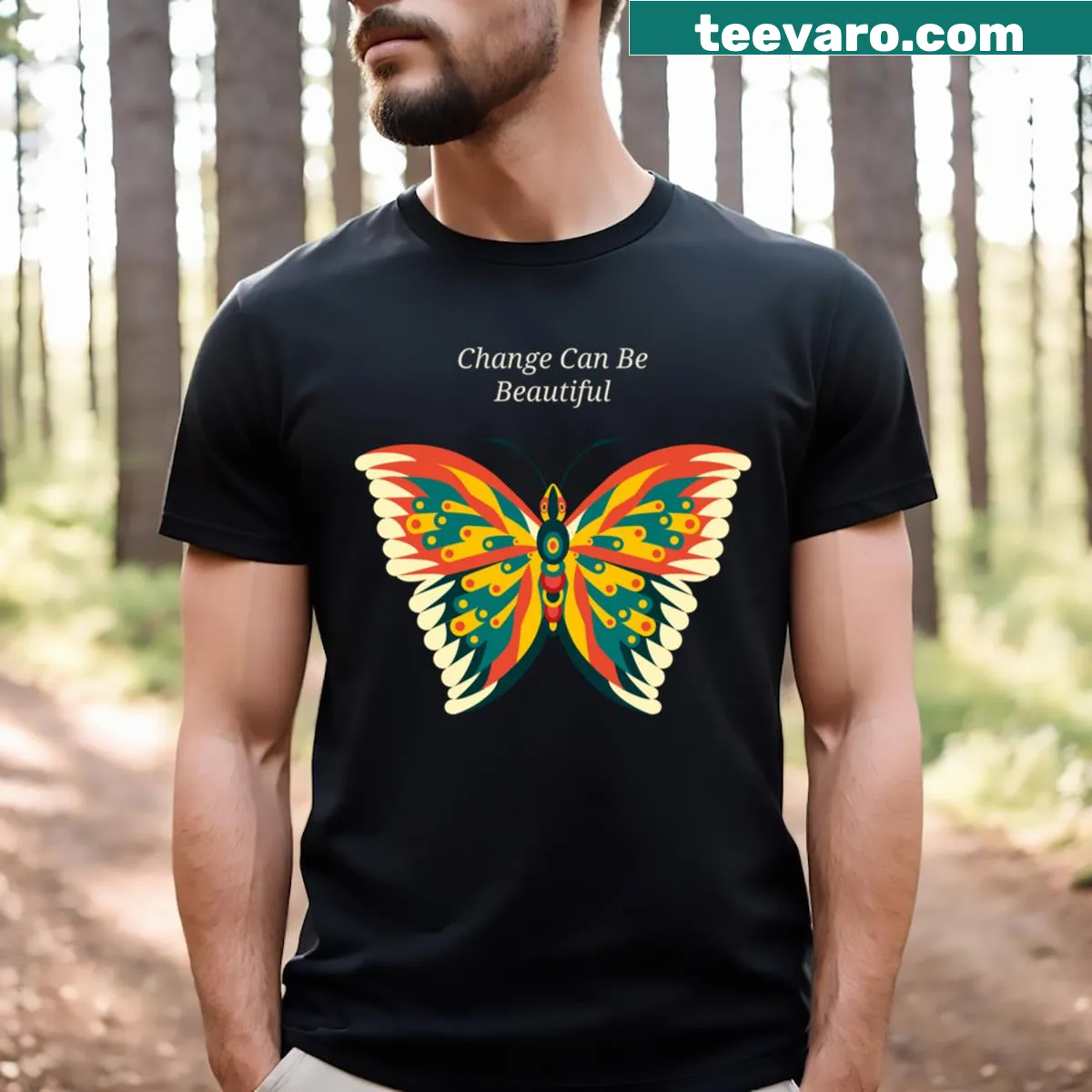 Butterfly illustration on Change Can Be Beautiful T-shirt — on a men's t-shirt