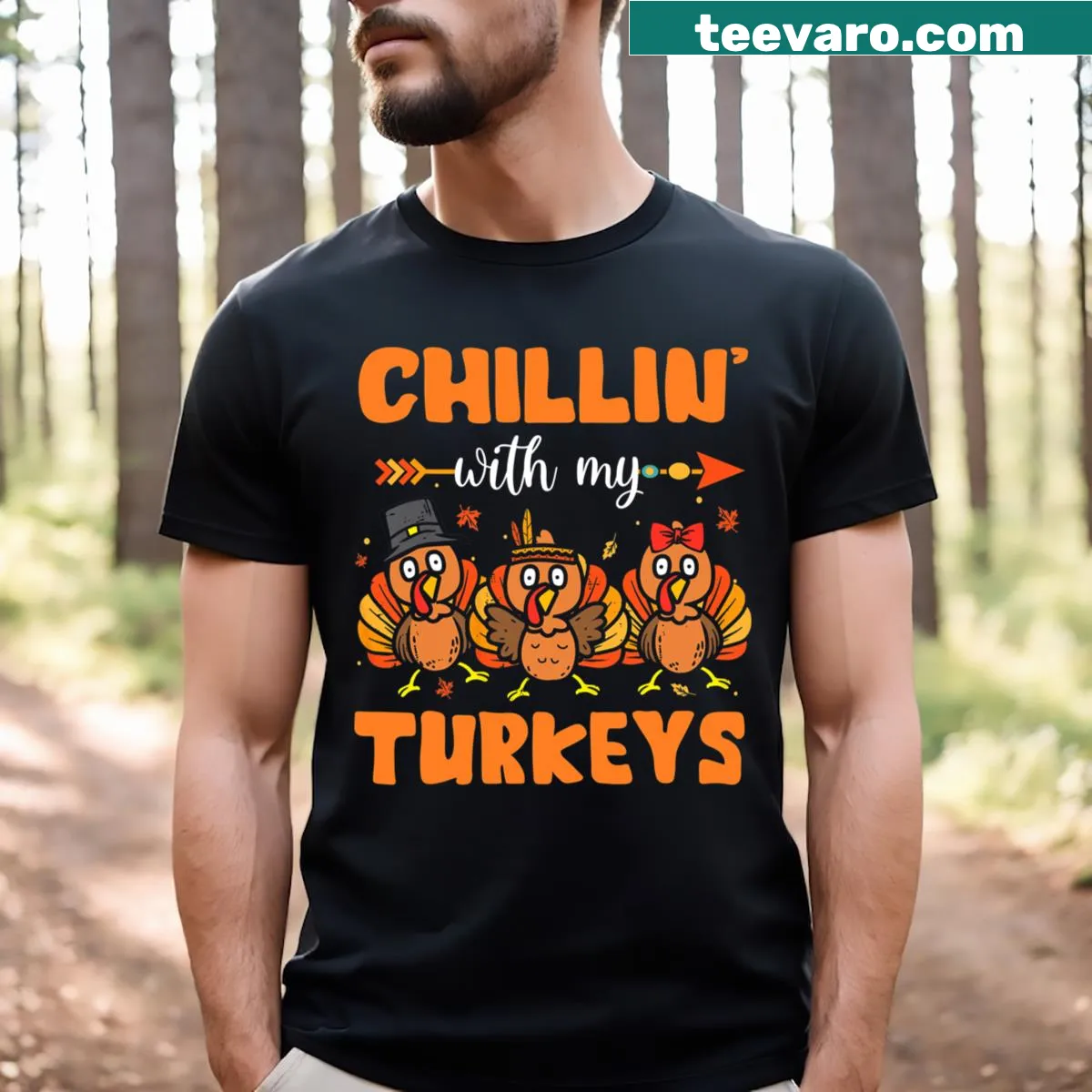 Cute turkey illustrations on 'Chillin With My Turkeys' kids T-shirt — on a men's t-shirt