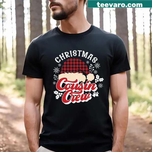 Family-themed Christmas T-shirt with Santa hat and Cousin Crew design.