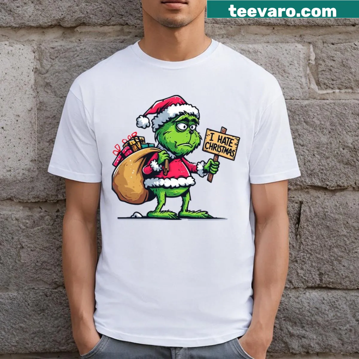 Grinch-themed Christmas T-shirt with a humorous design. — on a men's t-shirt