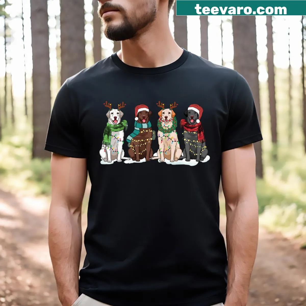 Christmas T-shirt with an illustration of a Labrador in a Santa hat. — on a men's t-shirt