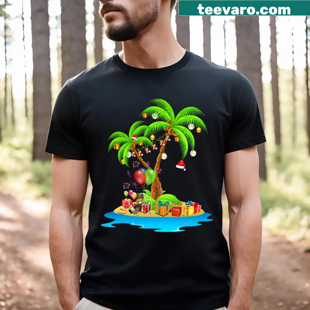 Illustrated Christmas palm tree T-shirt — on a men's t-shirt