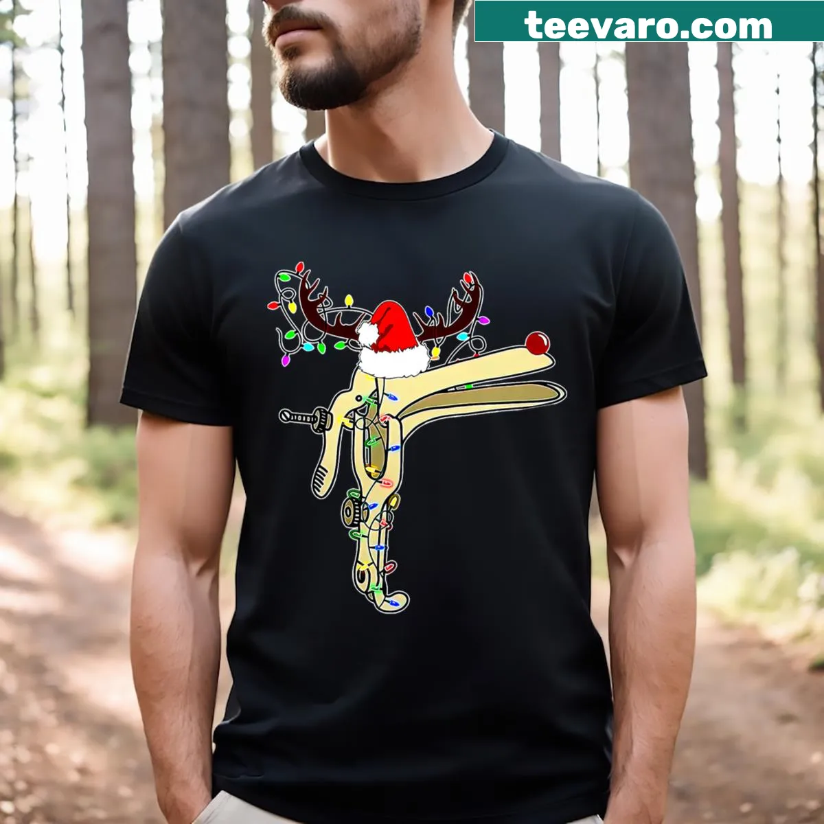 Nurse-themed Christmas shirt with a reindeer and a speculum — on a men's t-shirt