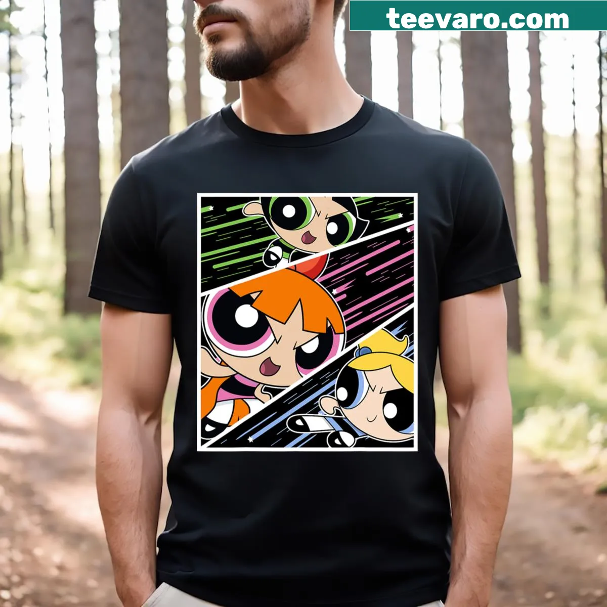 Cartoon Powerpuff Girls action panels T-shirt — on a men's t-shirt