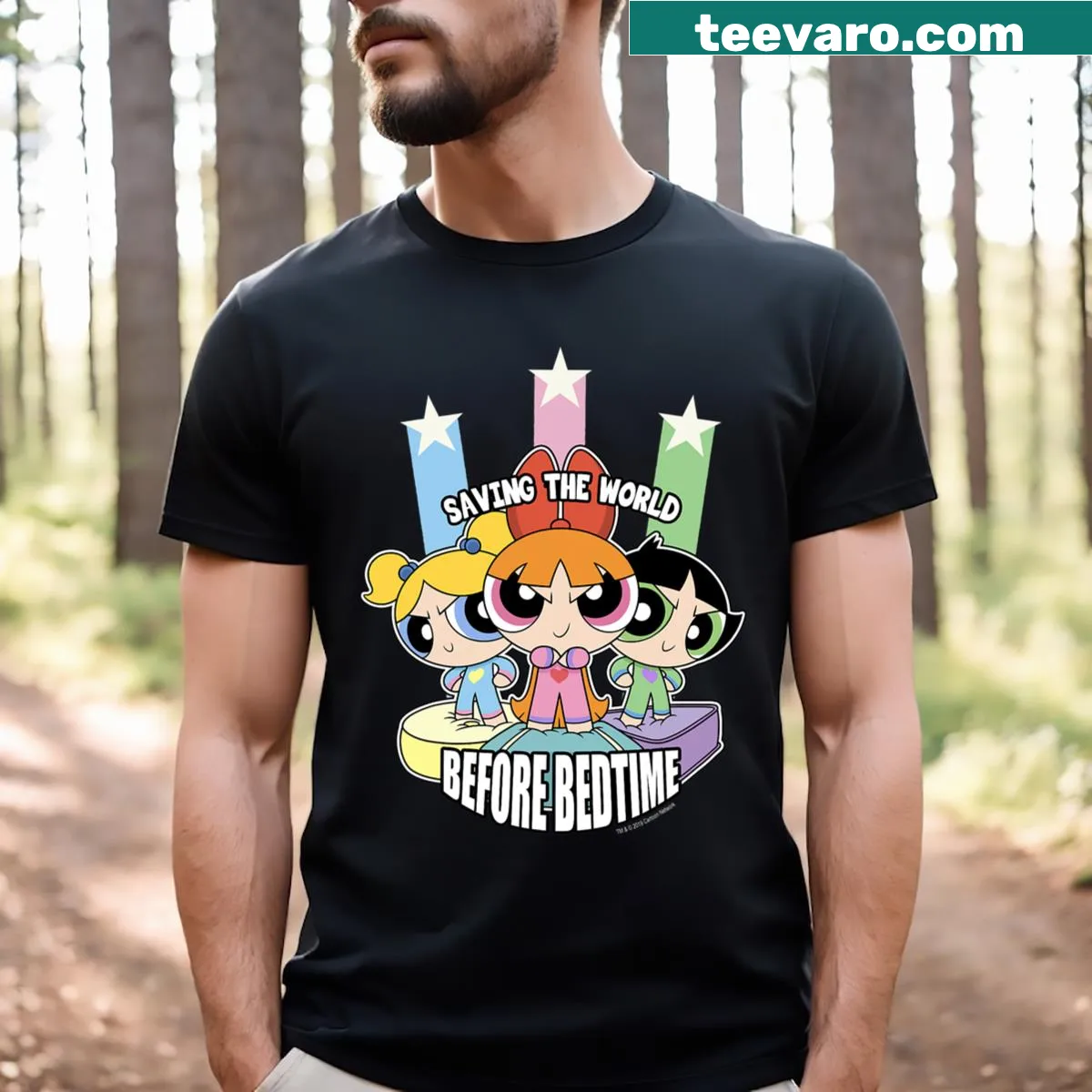 Powerpuff Girls saving the world before bedtime T-shirt — on a men's t-shirt