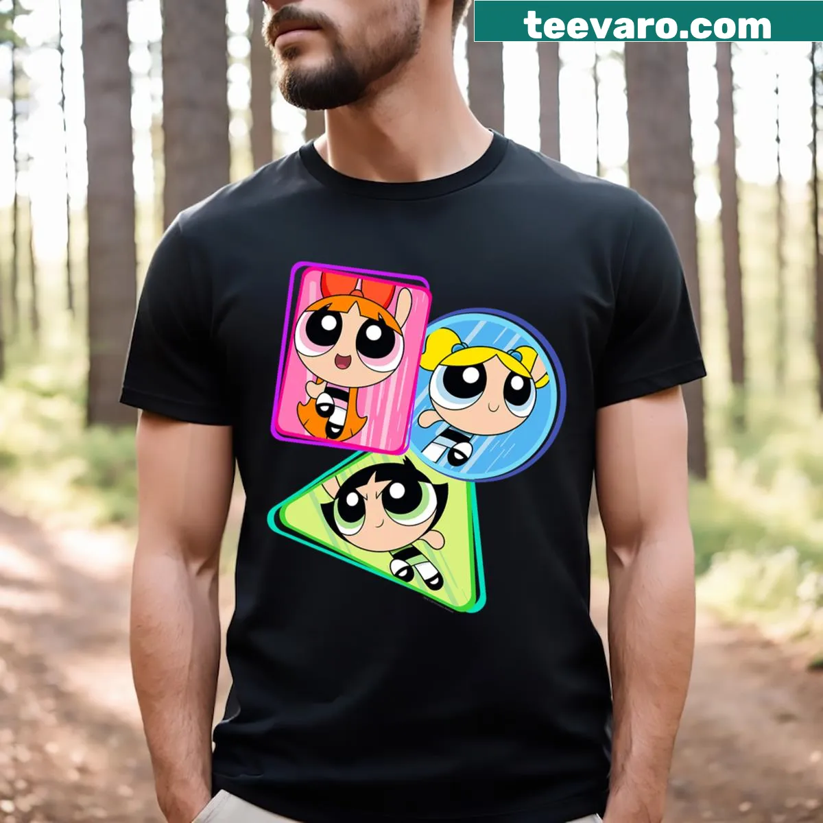 Powerpuff Girls trio action shot cartoon T-shirt — on a men's t-shirt