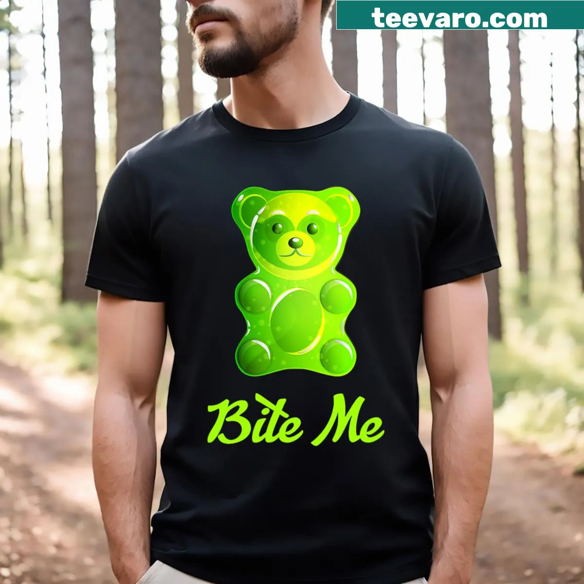 Cartoon graphic t-shirt featuring colorful gummy bears — on a men's t-shirt