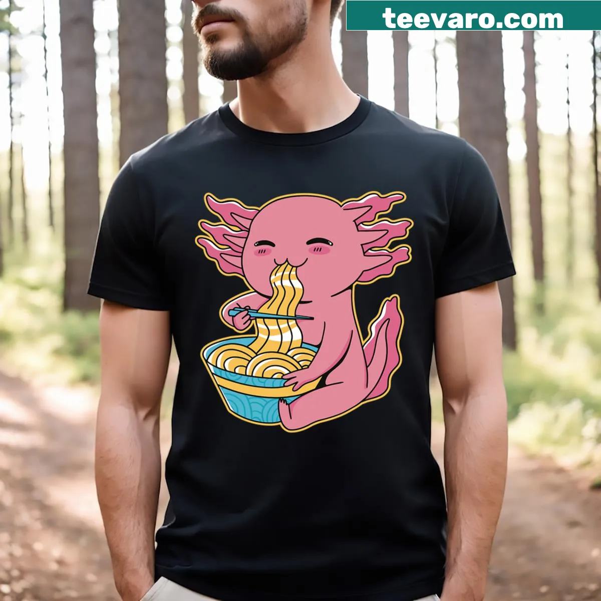 Kawaii axolotl eating ramen graphic for kids — on a men's t-shirt