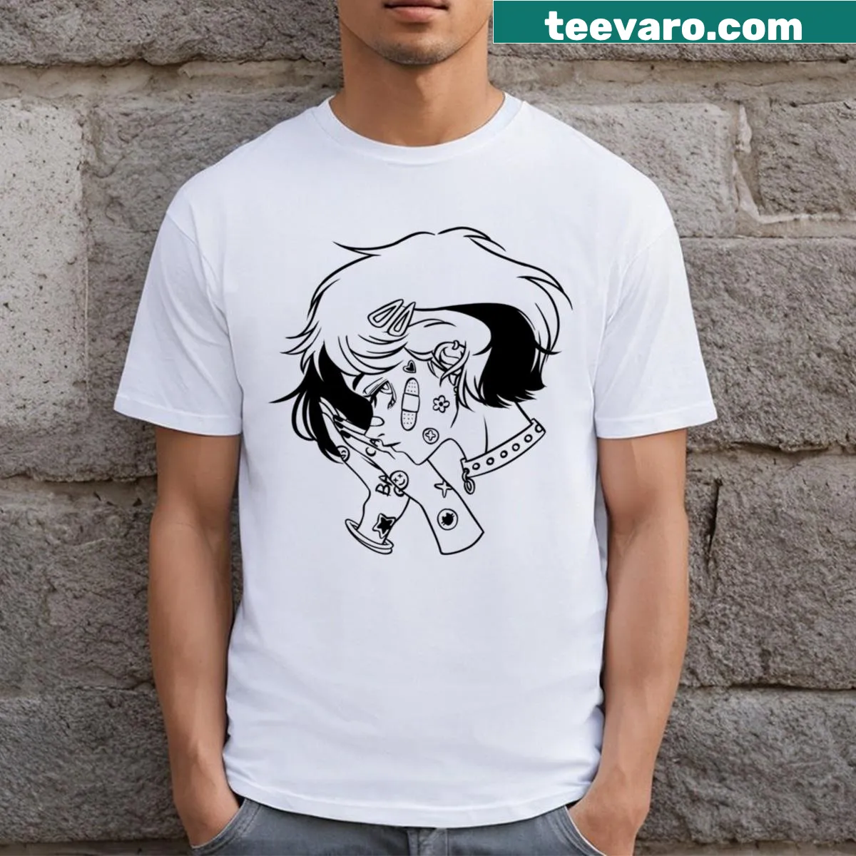 Illustrated short-haired girl with cute bad girl stickers — on a men's t-shirt