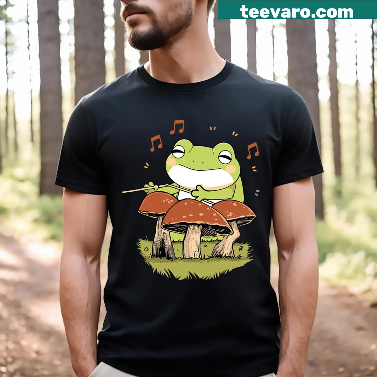 Playful cartoon frog playing drums on a mushroom in a cheerful design — on a men's t-shirt
