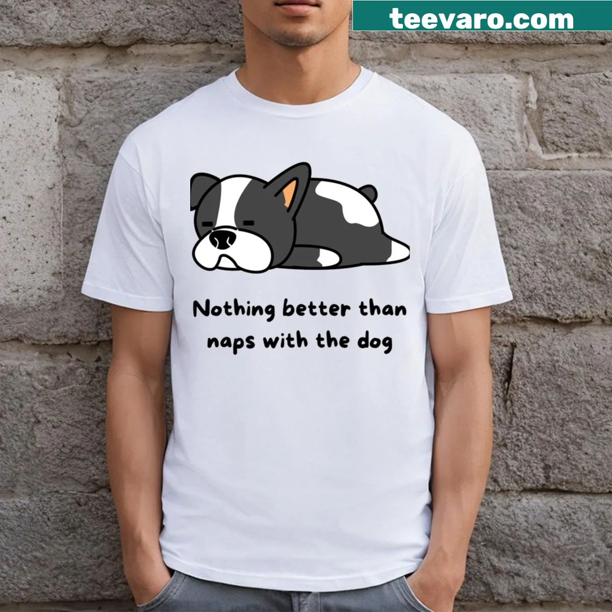 Whimsical design for dog lovers celebrating naps with playful typography — on a men's t-shirt