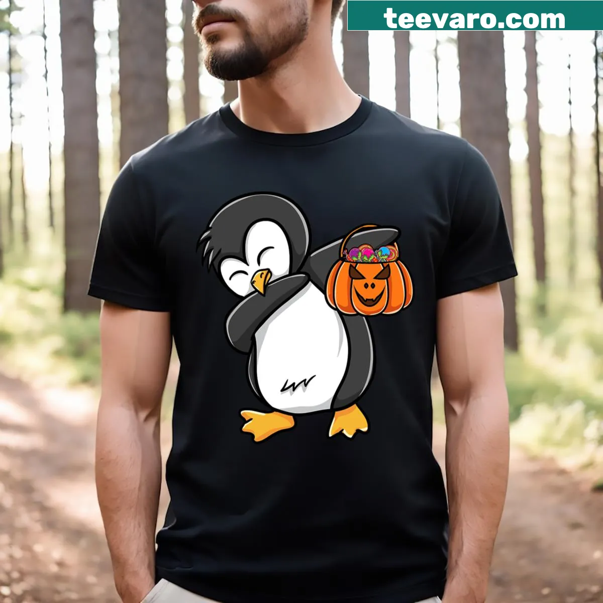 Cartoon penguin dabbing for Halloween on a T-shirt. — on a men's t-shirt