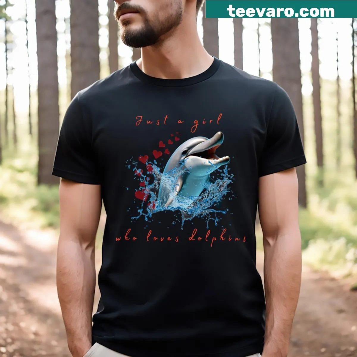 Typography t-shirt proclaiming love for dolphins with playful design — on a men's t-shirt