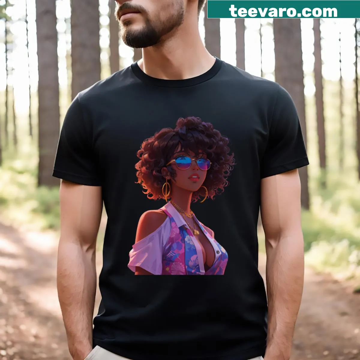 Illustrative T-shirt celebrating the beauty and strength of ebony women — on a men's t-shirt
