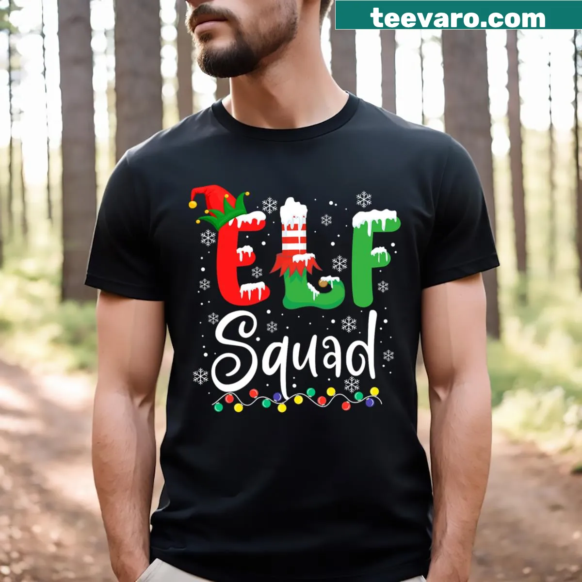 Funny Elf Squad T-shirt with playful elf illustrations for families — on a men's t-shirt