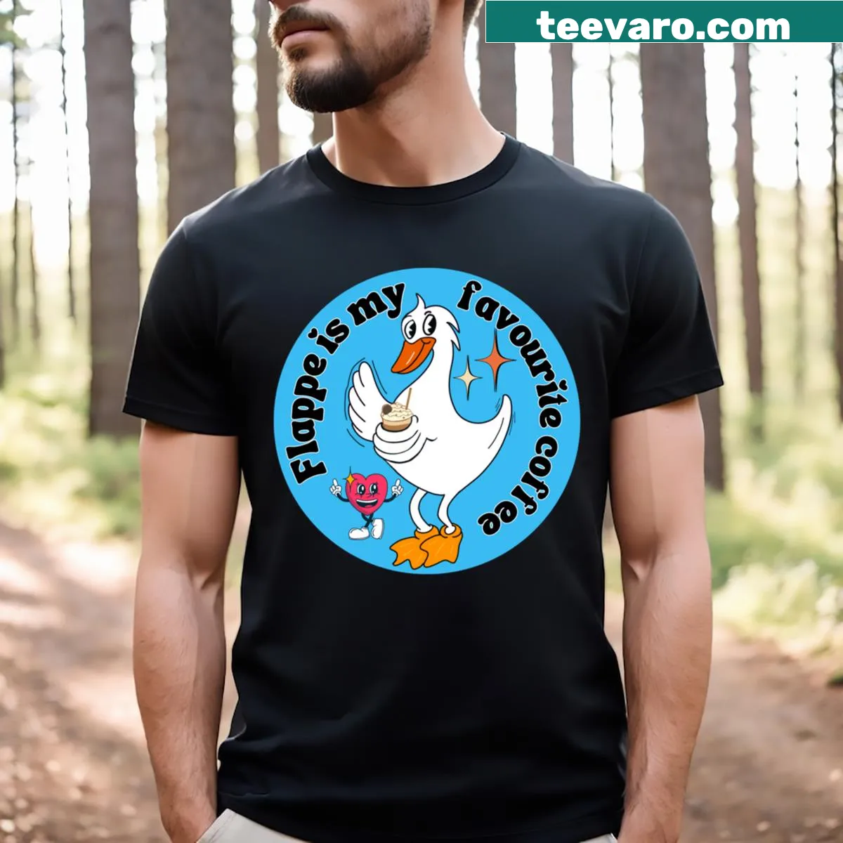 Cute vintage-style duck holding a frappe coffee — on a men's t-shirt