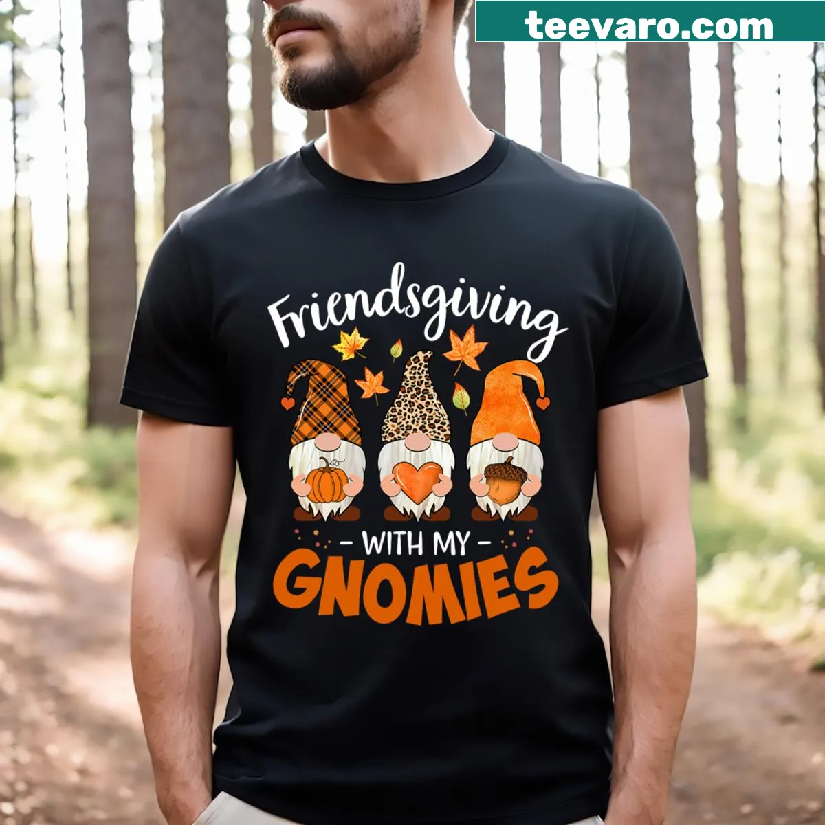 Thanksgiving shirt featuring gnomes and Friendsgiving text — on a men's t-shirt