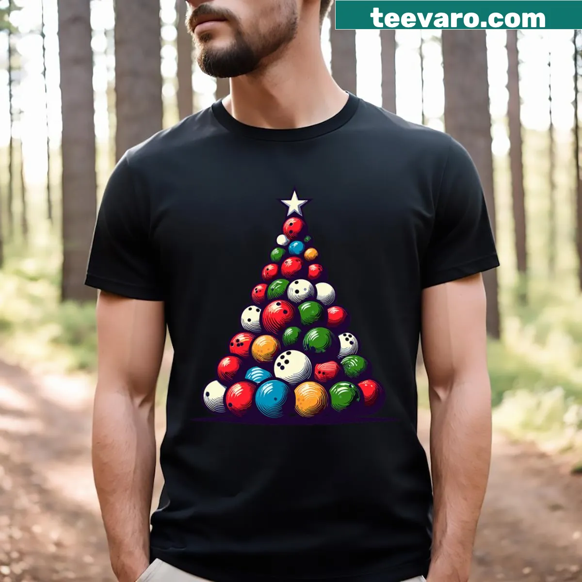 Bowling-themed t-shirt with Christmas tree lights illustration — on a men's t-shirt