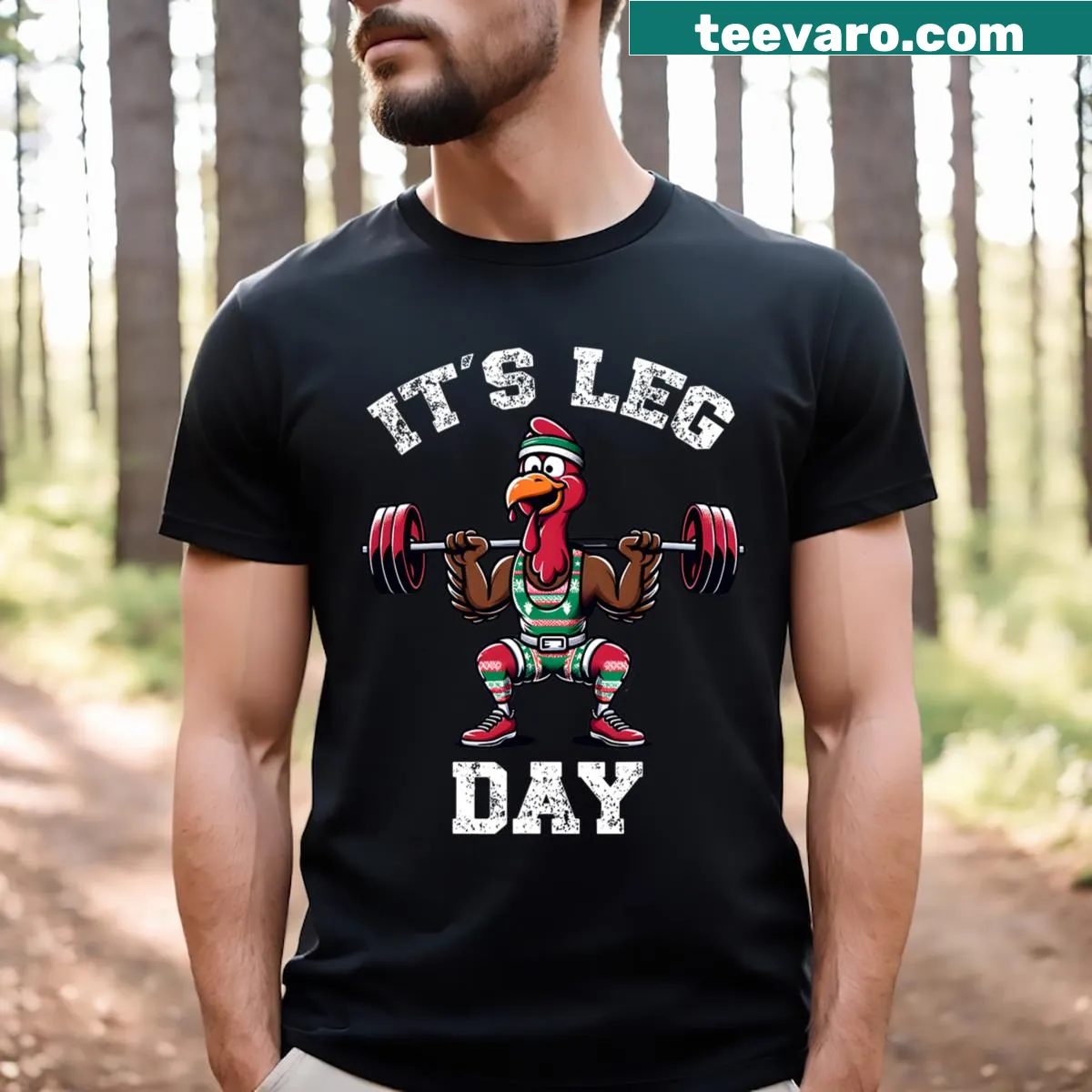 Humorous turkey deadlifting design on a fitness t-shirt — on a men's t-shirt