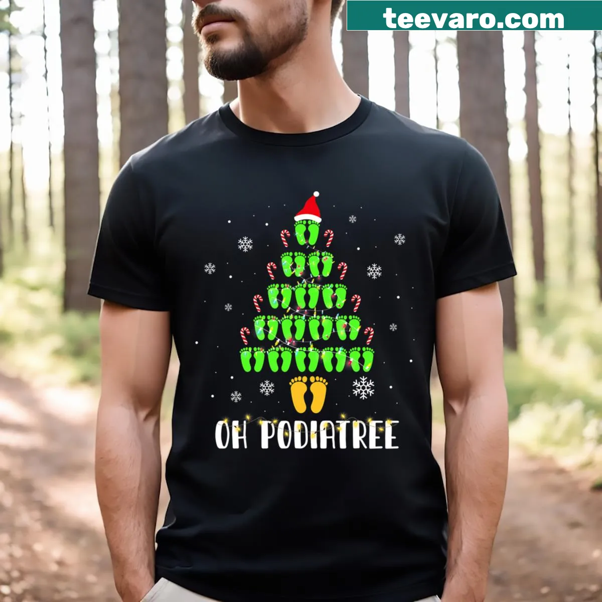 Christmas tree graphic with feet on podiatrist T-shirt — on a men's t-shirt
